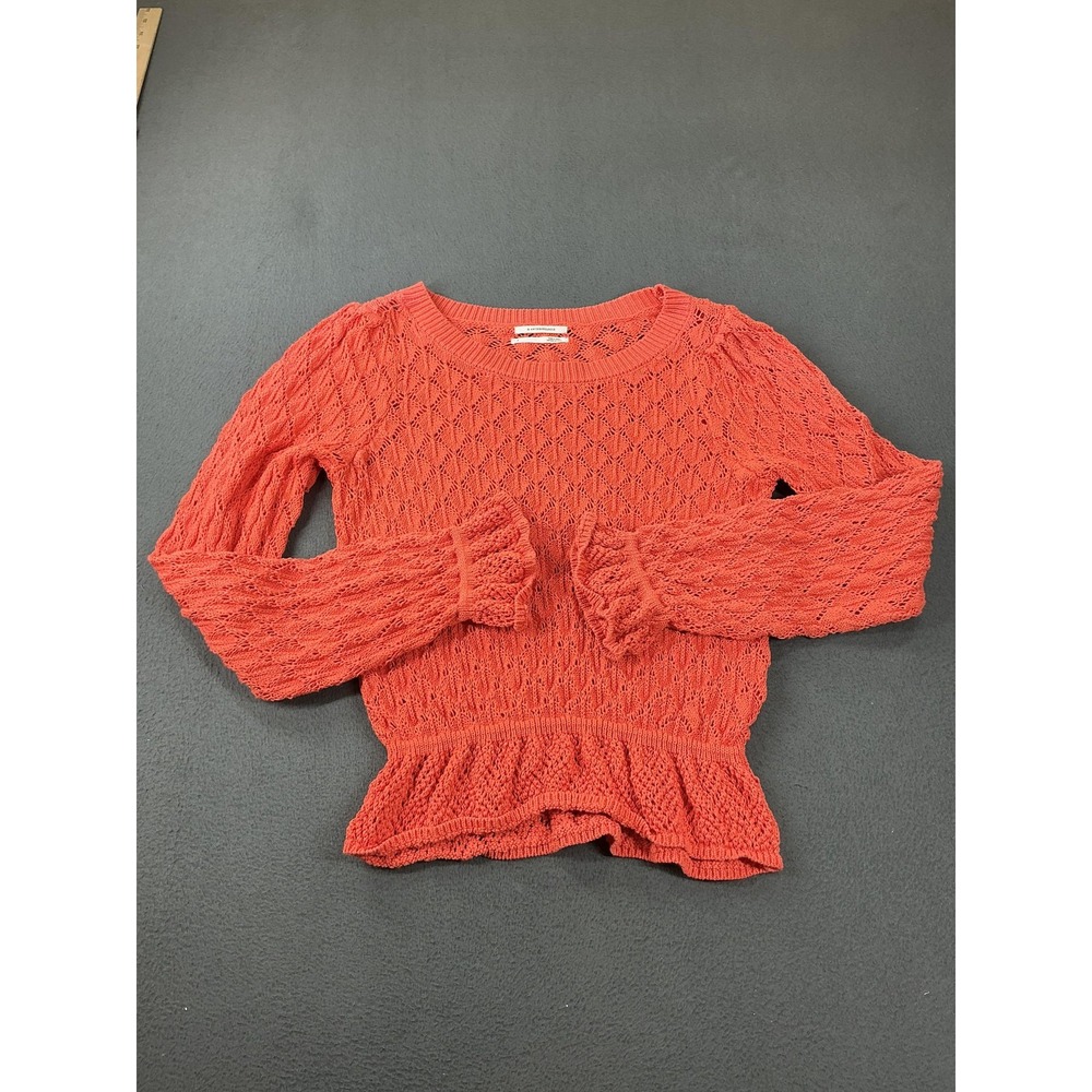 Anthropologie Sweater Womens M Orange Open-Knit Crochet Ruffle Pullover